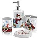 Christmas Bathroom Accessory Set, Snowman & Gnome Tumbler, Toothbrush Holder, Soap Dispenser, Let It Snow Soap Dish
