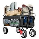 UNITON Collapsible Folding Wagon Cart Foldable up to 450 LBS Heavy Duty, Beach Wagon Chrome Wheels with Rubber Tires, Utility Grocery Wagon with Side Pocket and Brakes for Camping Outdoor Activities
