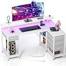 Seventable L Shaped Computer Desk with Drawers 47.2 inch, Gaming Desk with Power Outlets & LED Lights, Reversible Office Desk with Storage Shelves, Corner Desk with Monitor Stand for Home Office White