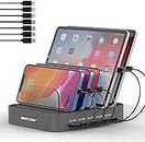 Charging Station for Multiple Devices, MSTJRY 5 Port Multi USB Charger Station with Power Switch Designed for iPhone iPad Cell Phone Tablets (Gray, 7 Mixed Short Cables Included)
