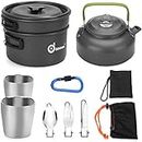 Odoland 10pcs Camping Cookware Mess Kit Folding Cookset, Includes Lightweight Pot Pan Kettle with 2 Cups, Fork Knife Spoon Kit for Outdoor Camping Hiking and Picnic