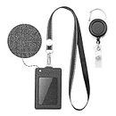 Life-Mate Badge Holder - Leather ID Card Holder Wallet Case with 3 Cards Slot and Neck Lanyard/Strap. Additional Retractable Badge Reel with Belt Clip (Black, Linen Finish)