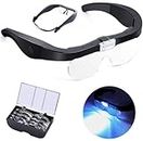Head Magnifier Glasses with 2 Led Lights, USB Rechargeable Led Magnifying Glass Eyeglasses Hands Free for Hobbies Reading Craft Close Work, 4 Detachable Lenses 1.5X, 2.5X, 3.5X, 5X Magnification