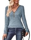 Gemulate Autumn Winter Clothes Women,Long Sleeve Solid Color Knit Sweater Ladies Sweatshirt Tops Casual V Neck Jumpers Female Light Blue XL