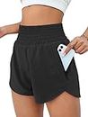 BMJL Women's Athletic Shorts High Waisted Running Shorts Pocket Sporty Shorts Gym Elastic Workout Shorts(L,Black)