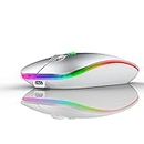 LED Wireless Mouse, Rechargeable Wireless Mouse for MacBook Air/Pro (Bluetooth 5.1 + USB) 2.4GHz Portable Optical Silent Office Mouse for iPad, Laptop, Desktop, Mac, Pc, Computer (Silver)