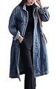 Jofemuho Womens Classic Long Jean Jacket Plus Size Loose Long Sleeve Button Down Denim Jacket Trench Coat, Blue, X-Large