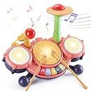 Kids Drum Toy with Music, Beats Flash Light and Adjustable Microphone, Electronic Musical Instruments Toys with 2 Drum Sticks, Educational Baby Toys Gift for 1-4 Years Old Boys and Girls