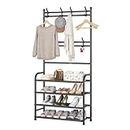 GOMINIMO Clothes Rack with Shoe Rack Shelves, Large Storage Carbon Steel Rack Stand with Anti-Slip Floor Protector, 8 Hanging Hooks with 4 Tier Shoe Racks in Black