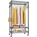 VIPEK R1 Medium Rolling Clothes Rack Portable Garment Rack for Hanging Clothes, 3 Wire Shelves Freestanding Heavy Duty Clothing Racks Storage Drying Rack with Wheels, Hanging Rod, Side Hooks, Black