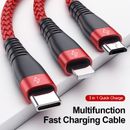 Nylon Braided 3 Heads Charging Cable Cord Android Micro TYPE C iPhone Compatible
