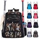 Baseball Bat Bag Backpack,T-Ball & Softball Bat Bag with Shoes Compartment for Youth and Adult, Lightweight Baseball Bag with Fence Hook Hold Bat, Batting Mitten, Helmet, Caps, Teeball Gear