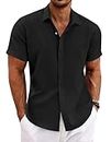 Coofandy Men's Casual Linen Shirts Button Down Shirt Short Sleeve Cotton Linen Shirts for Men Summer Beach Yoga T Shirts, Black, Large