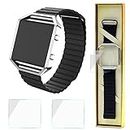 Fitbit Blaze Bands, Ezzdo Genuine Leather Magnetic Loopback Sport Replacement Strap Tempered with Glass Screen Protector Black Gray White Red Blue for Fitbit Blaze Smart Fitness Watch Band (Black)