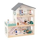 TOOKYLAND Wooden Dollhouse Play Set - 31pcs - 6 Dolls and Furniture Included, Ages 3+