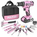 PULITUO 20V Pink Cordless Lithium-ion Drill Driver and Home Tool Set, Household Tools Set with DIY Drill Driver for Women, Home Hand Repair Basic Toolbox Tools Sets Drills Case.