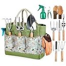 Grenebo Gardening Tools, 9-Piece Heavy Duty Gardening Hand Tools with Fashion and Durable Garden Tools Organizer Handbag,Rust-Proof Garden Tool Set, Ideal Gardening Gifts for Women