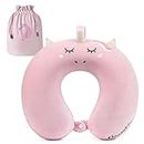 Neck Pillows for Sleeping Travel, Unicorn Memory Foam 11.8"x11.8"x4" Pillows with Storage Bag, Head Chin Neck Support U-Shaped Lightweight Kids Travel Pillow Set for Plane, Car, Train,Home Use - Pink
