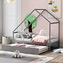 QOLIFE House Bed with Trundle, Wooden Twin Size Daybed Frame with Roof for Girls, Boys,Teen, Can be Decorated, No Box Spring Required (Twin,Gray)