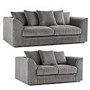 New Luxor Fabric Sofa Suite 3 Seater and 2 Seater Soft Jumbo Cord Sofa Set For Living Room (Grey)