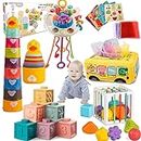 Baby toys 6 to 12 months, Montessori toys for 1 year old, Silicone Pull String Teething Toys, Stacking Building Blocks Infant Toddler Toys 0-3, Color Shape Bin Sensory Toys, Baby boys&girls gifts