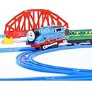 Dwellinger Battery Operated Kids Plastic Toy Train with Big Size Track Set, Bridge & 2 Bogies with Realistic Sound and Flashing Lights Toys for Boys