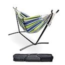 BACKYARD EXPRESSIONS PATIO · HOME · GARDEN 914920 Two Person Hammock with Stand + Relaxing Audio Track and Luxury Carrying Case, 106" L x 47" W x 43" H, Ocean Stripes