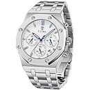Alwesam Mens Watches Chronograph Stainless Steel Date Analog Quartz Watch Fashion Casual Business Wrist Watches for Men (White)