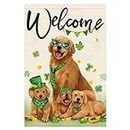Welcome St. Patrick's Day Garden Flag 12x18 Double Sided Burlap,Cute Green Hat Dog Yard Flags Luckly Shamrock Gold Coin Garden Banner Flag for Spring Holiday Farmhouse Yard Outdoor Decor