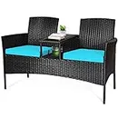 Tangkula Wicker Patio Conversation Furniture Set, Outdoor Furniture Set with Removable Cushions & Table, Tempered Glass Top, Modern Rattan Sofas Set for Garden Lawn Backyard (Turquoise)