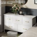 Dresser for Bedroom with 5 Drawers, TV Stand, Leather Finish, Wood Top, White
