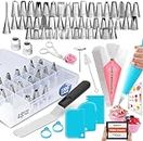 Piping Bags and Tips | RFAQK 100 PCs Cake Decorating Kit with Spatula-Scrappers-48 Numbered Stainless Steel Piping Tips & Icing Bags-Reusable Silicon Bag-Pattern Chart, EBook & Other Icing Piping Set