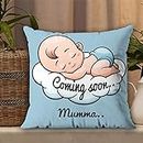 AWANI TRENDS Coming Soon Mumma Pregnant Gift for Wife Women Sister Pregnancy Gift for Baby Shower Printed Cushion Cover(12 X 12 Inch) with Filler-Blue