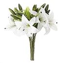 DUDNJC 6pcs Artificial Tiger Lily Silk Flowers Full Bloom, Fake Latex Real Touch Plastic Flowers 6 Heads & 12 Buds Lilies Arrangement for Wedding Bride Party Home Garden Craft Art Decor (White)
