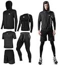 Lachi Mens Gym Running Clothes 5Pcs Set Compression Gym Wear Fitness Clothing Set Gray, XL