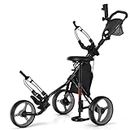 COSTWAY 3 Wheel Golf Push Pull Cart, Lightweight Foldable Golf Trolley with Detachable Stool, 4 Height Position Handle, Adjustable Umbrella Stand, Storage Bag, Cup Holder and Foot Brake (Gray)