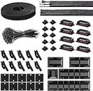 Cable Management Kit, 146Pcs Tidy for Home Office under Desk- 100 Wire Organizer Ties, 1 Roll Organiser Straps etc，people all like this,5 Upgrade Silicone Holder, 2 Sleeve, 28 Adhesive Clips