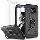 Galaxy S6 Case with 2 Pack Tempered Glass Screen Protector,360 Rotating Ring Kickstand Holder [Work with Magnetic Car Mount] Armor Defender Shockproof Phone Case for Samsung Galaxy S6 - Black
