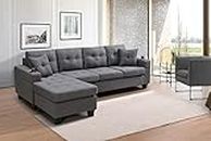 DHPM Convertible L Shaped Couch with Storage Reversible Sectional Sofa for Small Space with 2 Cup Holders for Living Room,Chaise Longue Left, Light Grey