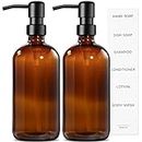 MIUSITE 2 Pack Amber Soap Dispenser with Stainless Steel Pump,500ml Brown Glass Soap Dispensers, Hand and Dish Soap Dispenser for Kitchen & Bathroom, Refillable Amber Glass Bottle with Pump and Label