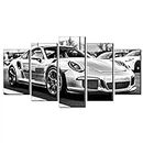 Porsche 911 GT3 RS Voiture De Sport Toile Peinture à L'huile Mur Art 5 Panneaux Thème Noir Et Blanc Image Impressions Sur Toile Oeuvre Pour La Décoration Intérieure (Avec cadre,75_x_150_cm)