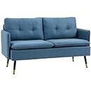 HOMCOM Two Seater Sofa for Living Room, Button Tufted Fabric Couch with Cushions, Dark Blue