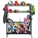 Oududianzi Sports Ball Storage, Garage Sports Equipment Organizer, Ball Holder with 2 Long Baskets, 2 Ball Cart and 4 Hooks, Rolling Ball Cart for Sports and Fitness Equipment