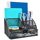 PEXATO Mesh Desk Organiser – Metal Desk Tidy & Pen holder with 6 compartments and 1 sliding drawer, 22x14x13 cm – Stationary Organiser for office accessories, Home, School – Black