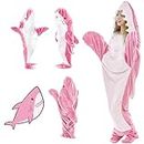 achard Wearable Shark Blanket Hoodie Onesie Adult, Comfy Blanket Shark Hoodie Super Soft Shark Onesie Hoodie, Wearable Shark Sleeping Bag for Adult Kids (Pink, M-66.9in) (Pink,L-74.8in)