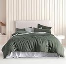 CleverPolly Vintage Washed Microfibre Quilt Cover Set (3Pcs) - Ultra Soft, Comfy, Luxurious Duvet Cover with Zipper Closure - Elegant Quilt Cover Set for Bedding - Khaki Green - Queen Size