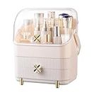 SUNFICON 3 Tiers Makeup Organizer Holder Cosmetic Storage Box with Dust Free Cover Portable Handle 2 Rroomy Drawers,Great for Bathroom Countertop Bedroom Dresser,Ivory White