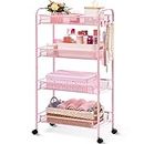 TOOLF 4-Tier Rolling Cart, Metal Utility Cart with 3 Hooks, Easy Assemble Mobile Storage Trolley On Wheels, Metal Shelving Units Kitchen Bathroom Laundry Room