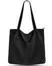 Prite Corduroy Tote Bag for Women Large Shoulder Bag with Zipper and Pockets for College School Work Travel Shopping-Black