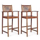 COSTWAY Bar Stools Set of 2, Outdoor Acacia Wood Bar Chairs with Sunflower Backrest, Curved Armrests & Breathable Seat, Ideal for Balcony, Sunroom, Patio, Easy Assembly